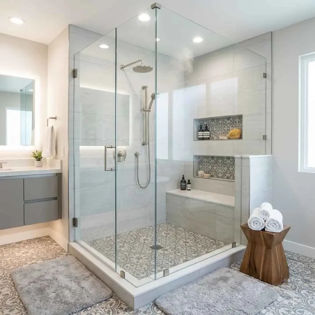 Finished Irvine bathroom remodel with modern walk-in shower