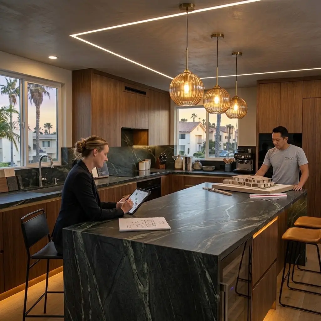 Completed Costa Mesa kitchen remodel with new lighting and flooring