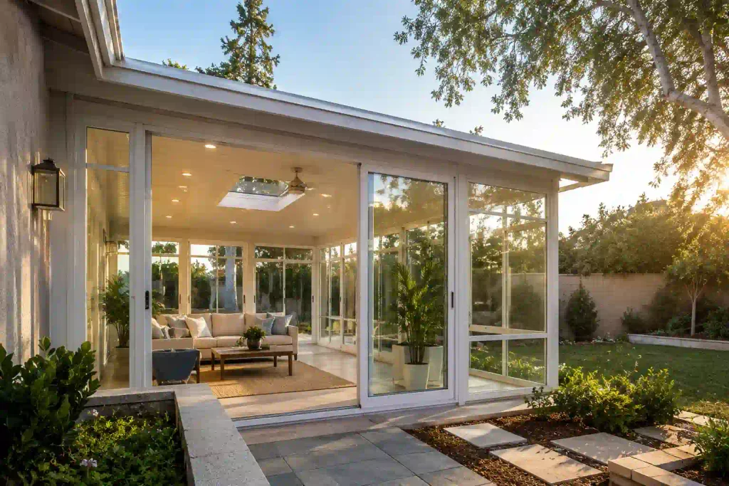 Completed Costa Mesa sunroom addition blending with an existing home