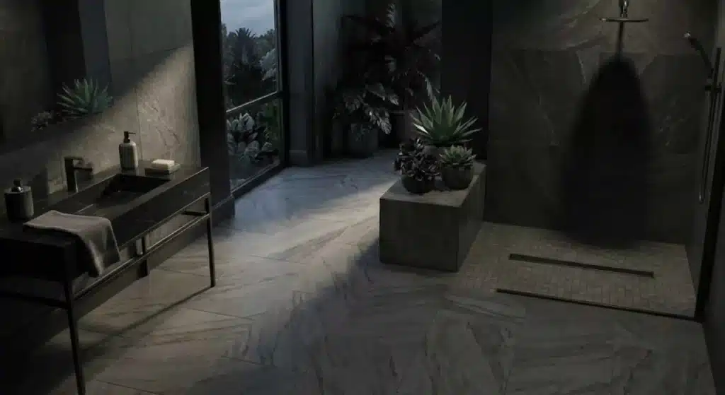 Completed modern bathroom with easy-clean tile flooring in Costa Mesa