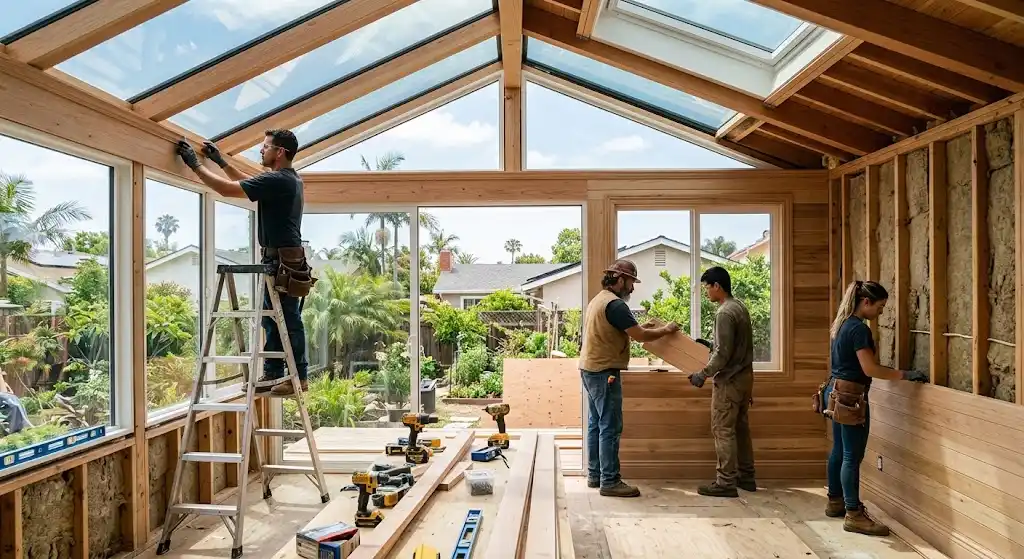 Costa Mesa sunroom construction team completing framing and interior finishes