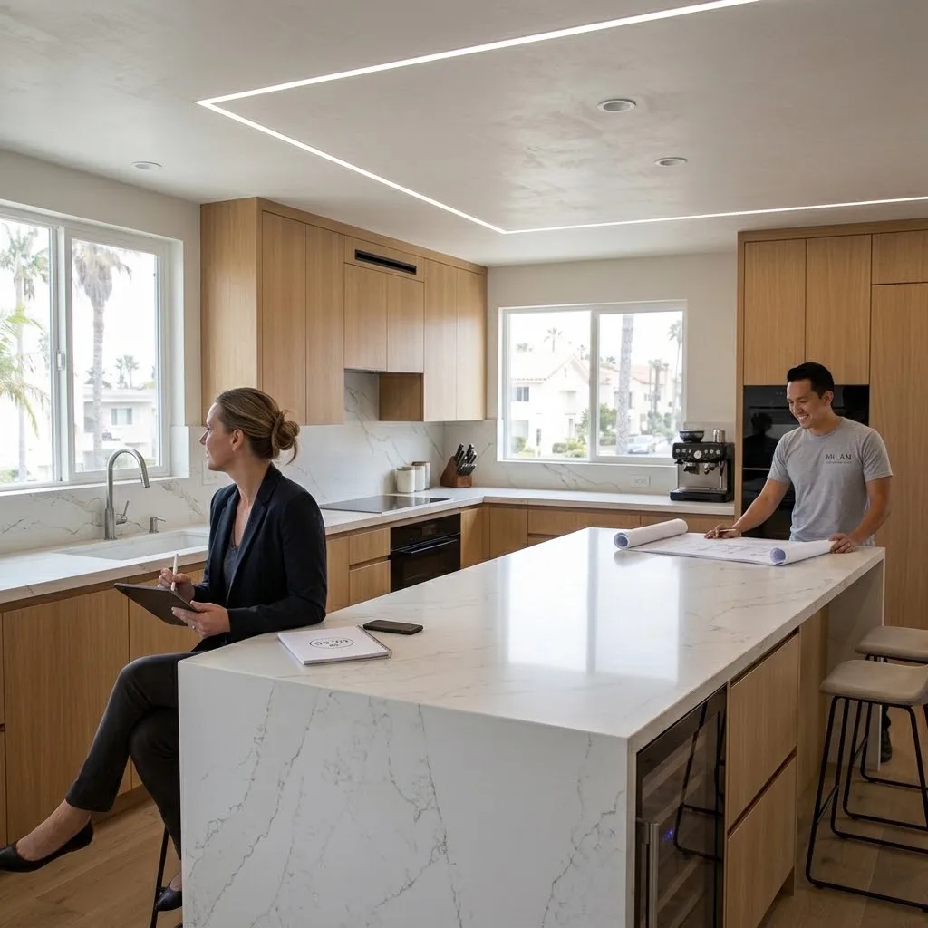 Custom kitchen cabinetry and island installed in a Costa Mesa home