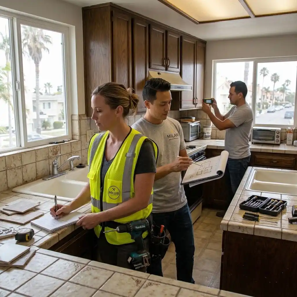 Kitchen remodel contractors evaluating a Costa Mesa home kitchen
