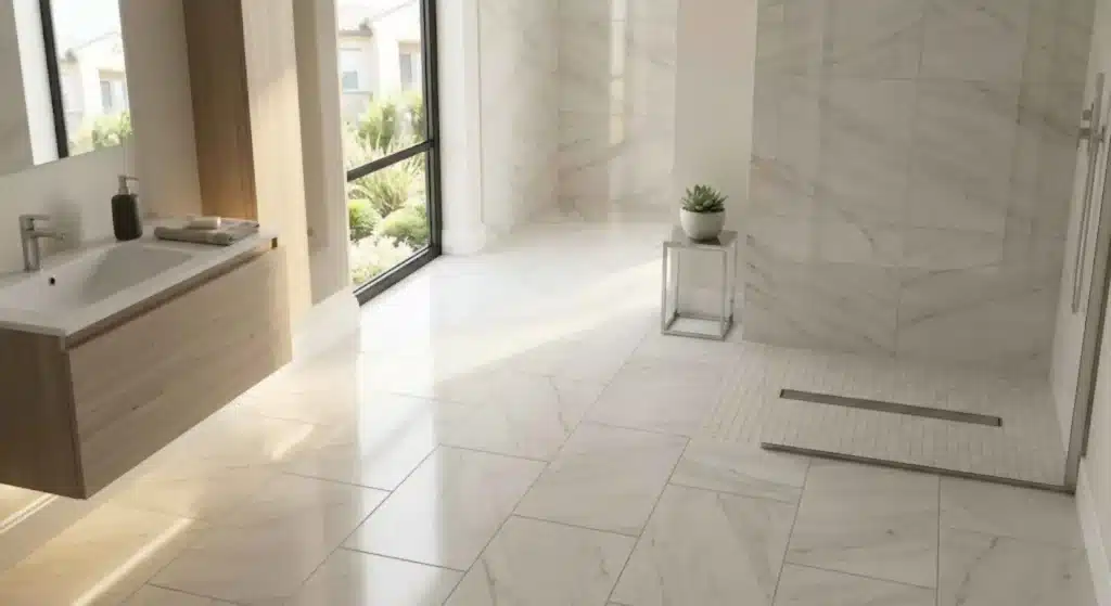 Large-format porcelain bathroom floor tiles in a Costa Mesa remodel