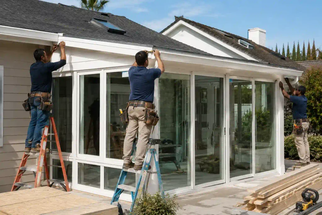Professional crew integrating a sunroom roofline with a Costa Mesa home